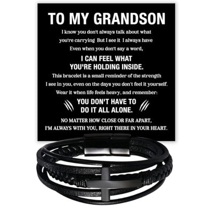 To My GrandSon Bracelet – Cross Braided Leather Bracelet, Meaningful GrandSon Gift from Grandpa & Grandma with Heartfelt Message Card & Elegant Gift Box for Birthday, Christmas, Graduation - color: Version#4