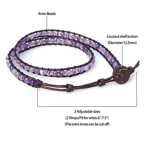 Genuine Stone Wrap Bracelets for Women Natural Crystal Beaded Wrap Bracelet 2/3/5 Adjustable Bohemian Bracelets Jewelry Gifts for Women Mom - color: amethyst(2 wraps)