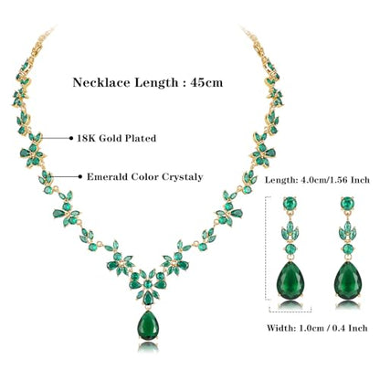 Jewelry Set for Women, Necklace Dangle Earrings Bracelet Set with White AAA Cubic Zirconia, Allergy Free Wedding Party Jewelry for Bridal Bridesmaid - color: Necklace + Earrings-Gold-Green Emerald CZ