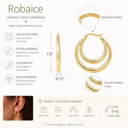 Robaice Chunky Huggie Earring for Women，14K Gold Plated Hoop Earrings | Gold Huggie 925 Sterling Silver Post Earrings, Statement Trendy Hoop Earring，Fashion Lightweight Jewelry Gifts for Women - color: Gold-D