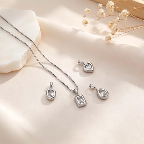 Interchangeable Removable CZ Charms Necklace, Gold Silver Stainless Steel Adjustable Box and Rice Bead Chain Minimalist Custom DIY Pendant Jewelry Gifts - color: Silver-A