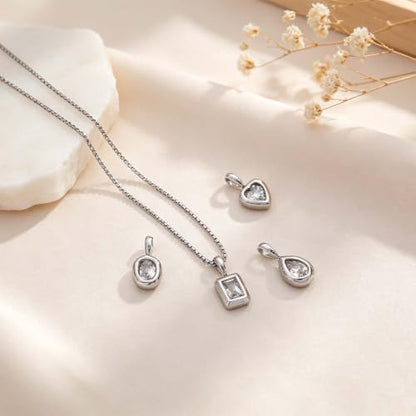 Interchangeable Removable CZ Charms Necklace, Gold Silver Stainless Steel Adjustable Box and Rice Bead Chain Minimalist Custom DIY Pendant Jewelry Gifts - color: Silver-A