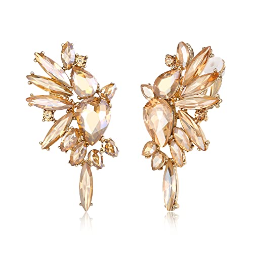 EVER FAITH Vintage Rhinestone Statement Earrings, Fashion Bling Colorful Marquise Drop Crystal Cluster Dangle Clip-on Earrings for Women - color: Champagne Gold-Tone