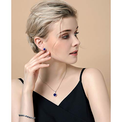 AMYJANE Halo Crystal Jewelry Set - Sterling Silver Round Cubic Zirconia Crystal Bridal Pendant Necklace Earrings Set for Wedding Bride Bridesmaids - color: Sapphire