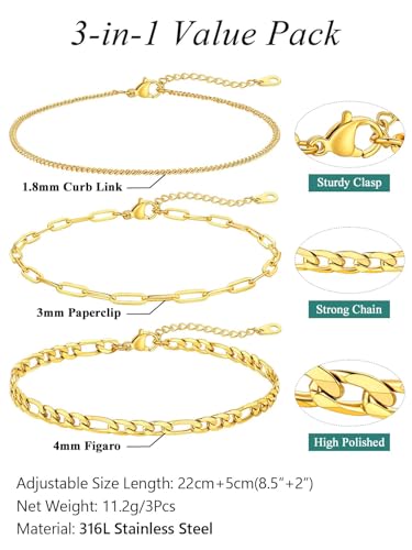 FaithHeart Waterproof Ankle Bracelets for Women, 1/2/3Pcs Non Tarnish Stainless Steel Layered Anklet Set Paperclip Figaro Cuban Link Chain Dainty Summer Beach Jewelry Gift Adjustable Size - style: d.Paperclip Mixed 3Pcs - Gold
