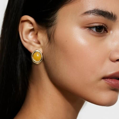 Jean Beau Chunky Gold Stone Stud Earrings for Women, Trendy Natural Gemstone Hypoallergenic Earing Valentine Jewelry Gift - color: Canary Yellow