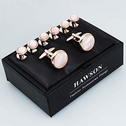 HAWSON Cufflinks and Tuxedo Studs Set for Men with Gift Box, Mother-of-Pearl Cuff links for French Cuff Shirt and Dress Shirt, Suitable for Wedding, Birthday, Party - style: Rose Gold & Pink Mother of Pearl