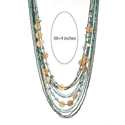 Elisheva Beaded Statement Necklace, Bohemian Layered Wood Bead and Turquoise Necklace, Chunky Coconut Shell Collar Necklace, Tribal Collar Jewelry for Women - color: multi layered green