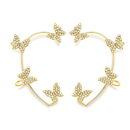 2Pcs Butterfly Ear Cuffs Rhinestone Clip On Earrings | Rhinestone butterfly ear cuffs with non piercing clip on design; silver ear wrap climber jewelry for parties and weddings - style: Style B Gold