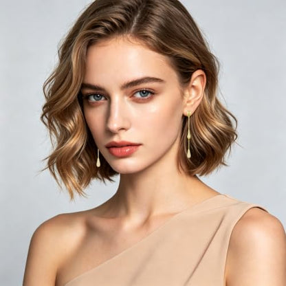 Dangle Earrings for Women, 14K Gold Plated Long Tassel Zircon CZ Huggie Drop Earrings, Trendy Long Chain Earrings for Wedding Party Prom Jewelry Gift - style: Teardrop CZ