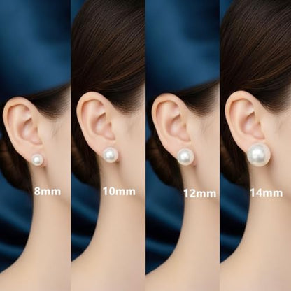 Oversized Faux Pearl Stud Earrings for Women, 14K Gold Plated Sterling Silver Hypoallergenic Large Classic Lightweight Pearl Earrings - size: 10mm