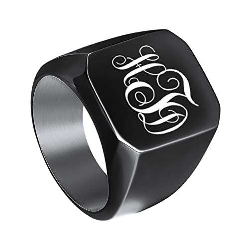 INBLUE Personalized Engraved Initial Monogram Signet Rings for Man Women Stainless Steel Rings Customize Jewelry with Ring Size Adjuster - color: Black: Monogram