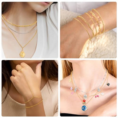 Zefy 18K Gold Silver Chain for Jewelry Making Kit with 380 Pcs Charms | 39.6ft 12 Rolls Stainless Steel Chains Bulk , Jump Rings Lobster Clasps Set for DIY Bracelet Necklace Crafts - size: Large