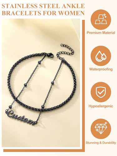 Custom4U Custom Name Anklet Bracelets for Women Waterproof Beaded/Figaro/Cuban/Rope/Wheat Chain Anklet Stackable Gold Plated Non Tarnish Custom Beach Gift Barefoot Summer Jewelry for Her - color: D03-Black Wheat Chain