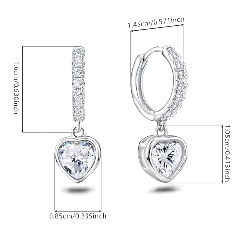 Heart Hoop Earrings with Dangle Sterling Silver Love Heart-Shaped Loop Earrings for Women Hypoallergenic Sparkle Birthstone Cubic Zirconia Hoop Earring with Dangling Charms Dainty Fashion Jewelry Gift - color: Silver