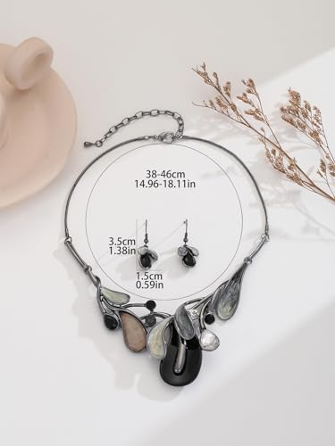 Chunky Statement Jewelry Set Vintage Retro Leaf Flower Floral Geometric Bohemian Boho Bib Necklace Earring Set Fashion Costume Jewelry for Women Girls Wedding Party Prom Unique Gift - style: teardrop leaf-black grey