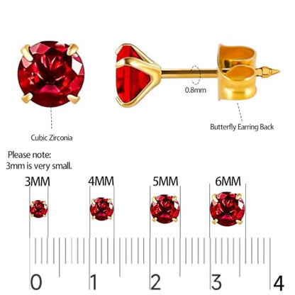12 Pairs Ear Piercing Stud Earrings for Ear Piercing Guns, Surgical Stainless Steel Multicolor Round Heart Star Cubic Zirconia Birthstone Stud Earrings Set - style: Gold round A-4mm