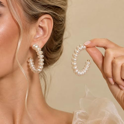 Pearl Hoop Dangle Earrings for Women, White Petal Statement Earrings, Floral Drop Earrings, Lightweight Elegant Wedding Vacation Party Jewelry - color: A0028-style B