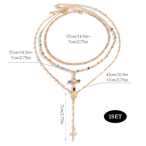 Gold Cross Layered Necklaces for Women,Colorful Crystal Drop Necklace,Gold Cross Pendant Necklace Stack,Fashion Long Tassel Chest Chain Jewelry Layered Rhinestone Neck Chain Accessories - color: Gold-2