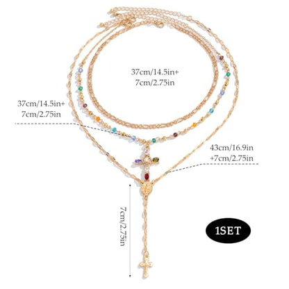 Gold Cross Layered Necklaces for Women,Colorful Crystal Drop Necklace,Gold Cross Pendant Necklace Stack,Fashion Long Tassel Chest Chain Jewelry Layered Rhinestone Neck Chain Accessories - color: Gold-2