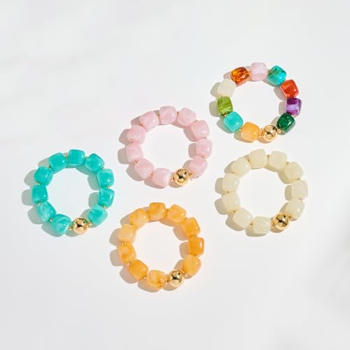 WOWORAMA Chunky Beaded Bracelets for Women Colorful Large Square Beads Bracelet Boho Acrylic Resin Stretch Bracelets Statement Chunky Bracelet Summer Jewelry - color: Square-Pink