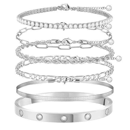 MOINSPIRE Bracelets for Women Non Tarnish, Dainty 18K Gold Plated Bracelets Stack Trendy Waterproof Stackable Bangles, Cuban Link Paperclip Chain Jewelry Set Fashion Accessories Gifts for Women - color: A4-Silver Clip Bead + Bracelet