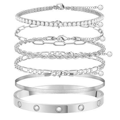 MOINSPIRE Bracelets for Women Non Tarnish, Dainty 18K Gold Plated Bracelets Stack Trendy Waterproof Stackable Bangles, Cuban Link Paperclip Chain Jewelry Set Fashion Accessories Gifts for Women - color: A4-Silver Clip Bead + Bracelet