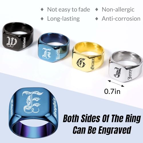 Custom Signet Ring for Men Personalized Initial Ring Custom Mens Rings Engraved Ring Customized Memorial Graduation Gifts for Father Husband Boyfriend Friends - color: Square Blue