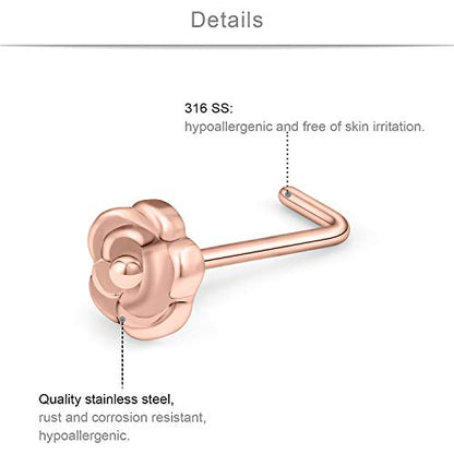 SCERRING 20G 8PCS Stainless Steel Flower Rose Heart L-Shaped Nose Stud Rings Piercing Jewelry Clear Cubic Zirconia - color: 8PCS - Rose Gold