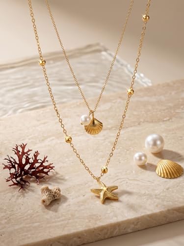 MODRSA Gold Stacked Layered Necklaces for Women Pearl Pendant Charm Cross Lariat Slip Shell Starfish Y Chain Necklace Adjustable Silver Boho Jewelry Gifts for Women Summer Vacation Beach Accessories - color: B1- Sea Shell Starfish - Gold