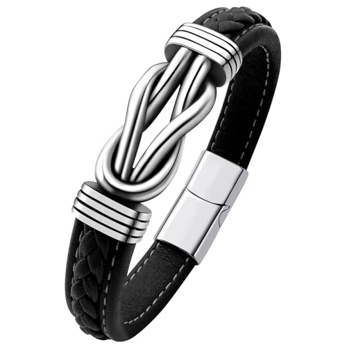 Mens Black Braided Leather Bracelet, Green/Red/Brown/Black Braided Leather Infinity Knot Bracelets for Men with Stainless Steel Clasp, 7.5/8.5/9in Length - color: 01-Black
