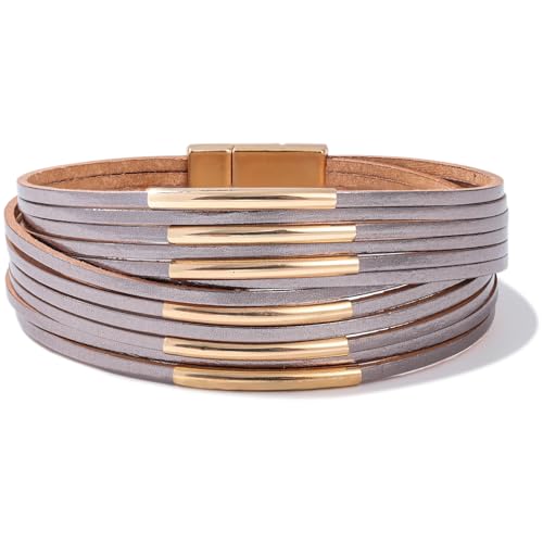 Gold Tube Leather Wrap Bracelets Boho Chunky Stackable Layered Western Cuff | Stacked Bohemian Cool Magnetic Clasp Bangles Statement Cowgirl Hippie Country Festival Accessories for Women Trendy - color: Grey