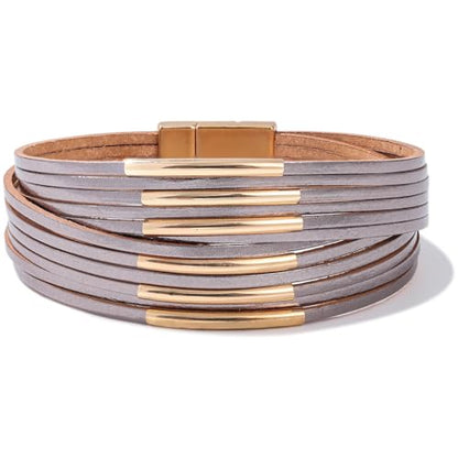 Gold Tube Leather Wrap Bracelets Boho Chunky Stackable Layered Western Cuff | Stacked Bohemian Cool Magnetic Clasp Bangles Statement Cowgirl Hippie Country Festival Accessories for Women Trendy - color: Grey