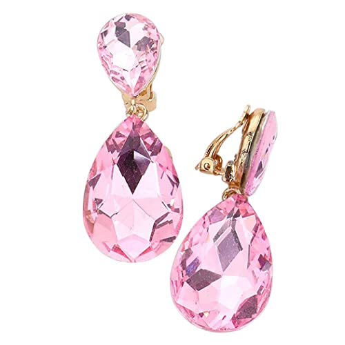 Rosemarie & Jubalee Women's Double Teardrop Statement Glass Crystal Rhinestone Dangle Clip On Bridal Earrings, 2" - color: Light Pink Crystal Gold Tone