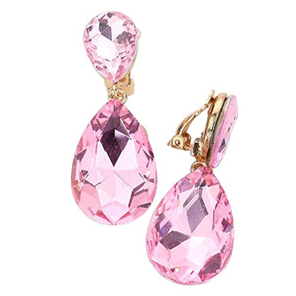 Rosemarie & Jubalee Women's Double Teardrop Statement Glass Crystal Rhinestone Dangle Clip On Bridal Earrings, 2" - color: Light Pink Crystal Gold Tone