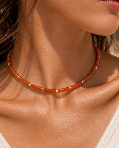 Natural Heishi Gemstone Choker Necklace for Women, Adjustable 15"+2" Beaded Layering Necklace, Coastal Beach Jewelry Gift for Her - color: Carnelian