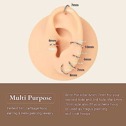 LEE&RO 16G 6MM 7MM 8MM 9MM 10MM Hinged Clicker Septum Rings 16G Nose Hoop Tragus Helix Cartilage Hoop Earrings - color: silver