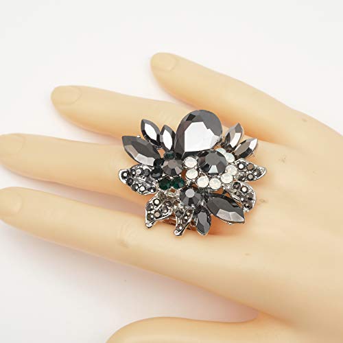 CSY Luxury Froral Cocktail Statement Rings Stretch Adjustable Ring | Gorgeous Women's Austrian Crystal Leaves Flower Big Cocktail Statement Rings Stretch Adjustable Ring Jewelry Accessories - color: Black