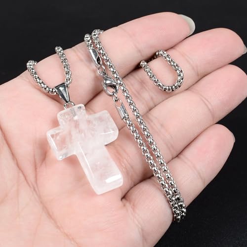 Justinstones 32mm Gemstone Carved Cross Reiki Chakra Pendant With Stainless Steel Necklace 22 Inch - color: White Clear Quartz
