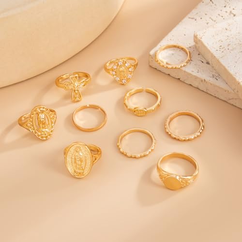 Chunky Gold Rings for Women Rhinestone Stackable Knuckle Ring Set Open Adjustable Statement Ring Set Dainty Crown Cross Midi Rings Fashion Jewelry Gift for Women - color: Gold5