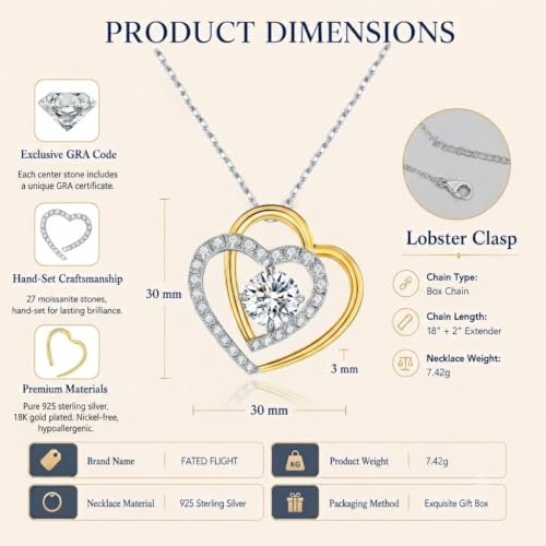 Double Heart Pendant Necklace (Women's Style), 2-Carat Moissanite Heart-Shaped Necklace, 18K white gold plating moissanite pendant Anniversary Birthday Gifts for Women, Jewelry Gift for Her Wife Girlfriend - size: 2-Carat gold