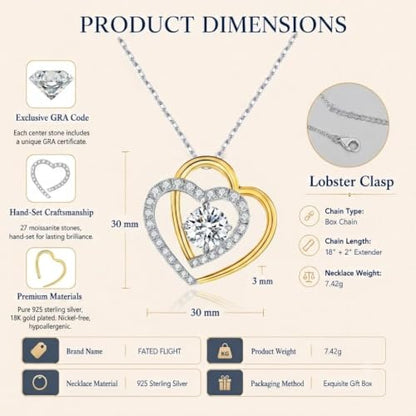 Double Heart Pendant Necklace (Women's Style), 2-Carat Moissanite Heart-Shaped Necklace, 18K white gold plating moissanite pendant Anniversary Birthday Gifts for Women, Jewelry Gift for Her Wife Girlfriend - size: 2-Carat gold