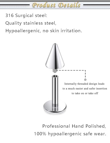 Internally Threaded Labret Studs 18G 16G 14G Surgical Steel Lip Piercing Jewelry with Claw Tool Monroe Snake Bite Jewelry Flat Back Barbell for Women Men Plus Piercing Ball Grabber Tool - color: silvertone, size: 14g,spike end