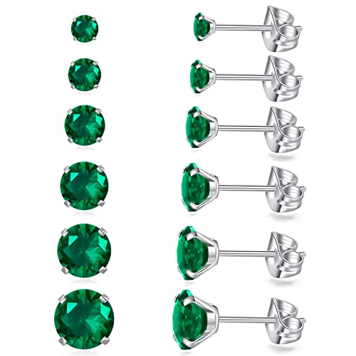 6 Pairs Stud Earrings Set, Hypoallergenic Cubic Zirconia Earrings 316L Stainless Steel CZ Earrings 3-8mm - color: A-Emerald CZ
