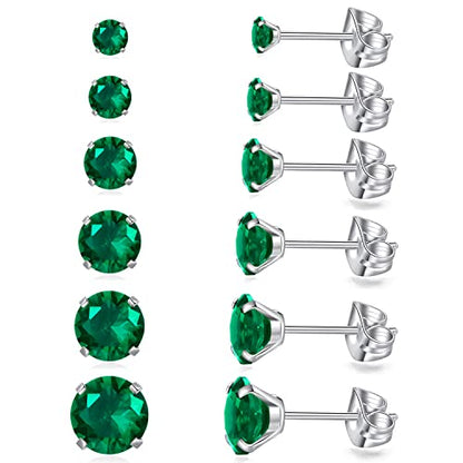6 Pairs Stud Earrings Set, Hypoallergenic Cubic Zirconia Earrings 316L Stainless Steel CZ Earrings 3-8mm - color: A-Emerald CZ