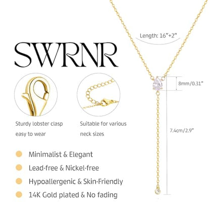 Lariat Necklace for Women, Dainty 14K Gold/Silver Plated Long Necklaces for Women Trendy Simple Layered Y-Shaped Pendant Necklace Adjustable Fashion Jewelry Gift - color: Gold, style: Two CZ Pendant