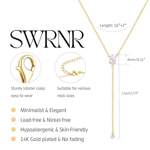 Lariat Necklace for Women, Dainty 14K Gold/Silver Plated Long Necklaces for Women Trendy Simple Layered Y-Shaped Pendant Necklace Adjustable Fashion Jewelry Gift - color: Gold, style: Two CZ Pendant