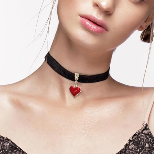 Qceasiy Gothic Black Necklace for Women, Adjustable Victorian Velvet Lace Collar, Halloween Party Cosplay Jewelry Gift - style: Red Heart