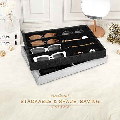 Emibele Glasses Organizer Jewelry Tray, 8 Grids Velvet Tray Watch Storage Stackable Jewelry Showcase Display Storage with Detachable Inner Dividers, Black | Detachable Glasses Eyeglasses Jewelry Watch Storage Showcase Display Tray, Black - style: C1- eigh