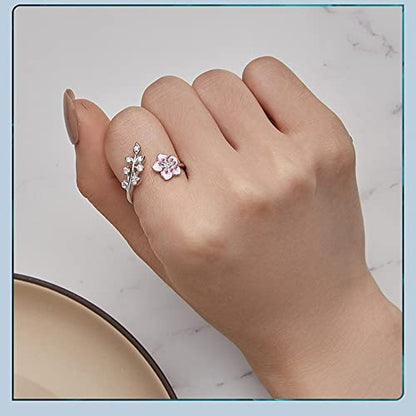 Pink Cherry Blossoms Open Adjustable Ring S925 Sterling Silver Hypoallergenic Imitation Crystal Wedding Rings Promise Love Engagement Statement Imitation Cubic Zirconia Flower Jewelry for Women Bff